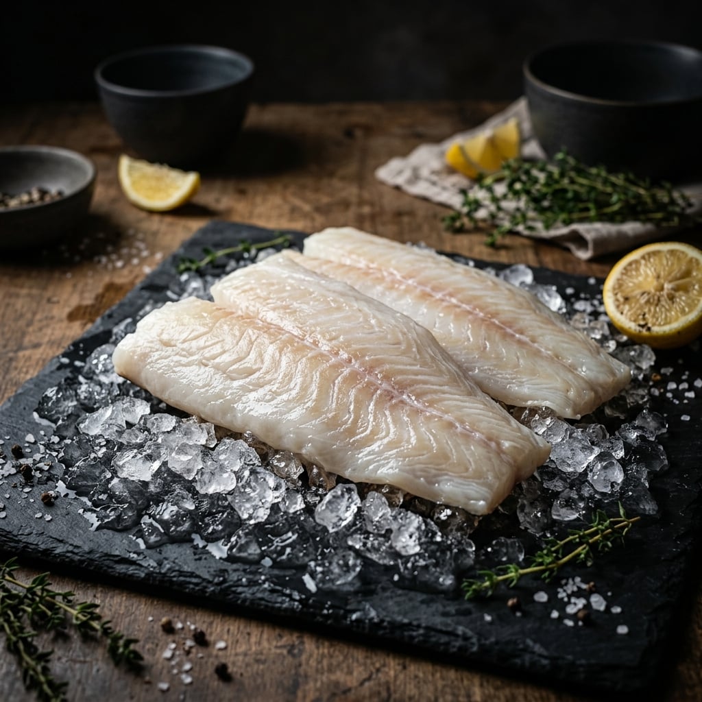 Fresh white fish fillets on ice