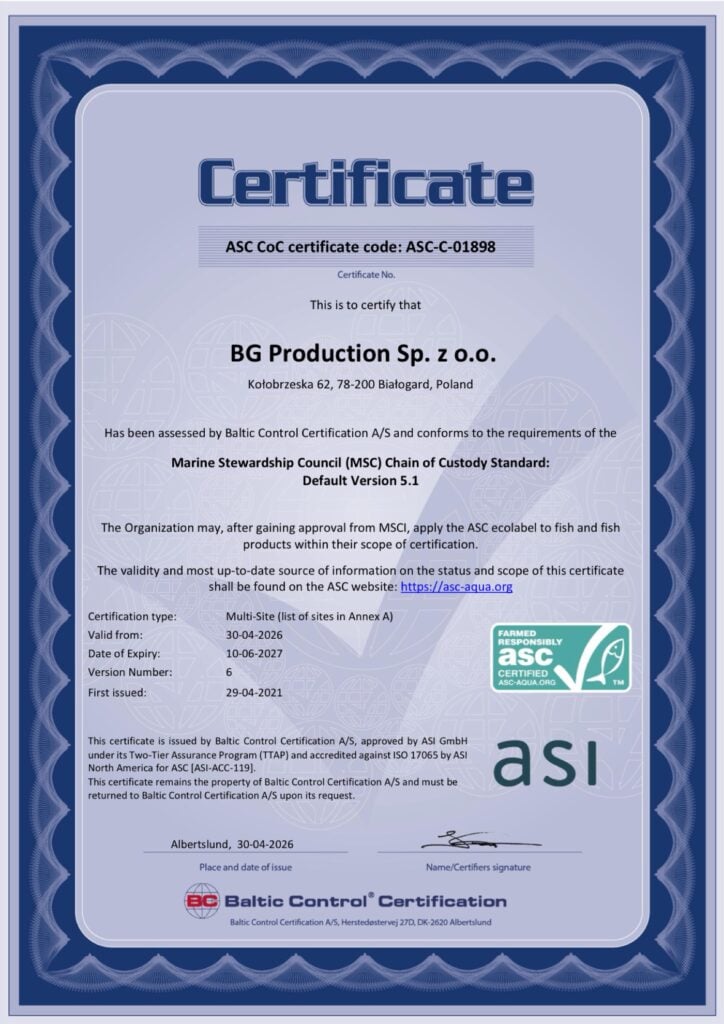 BG Production Aquaculture Stewardship Council certificate