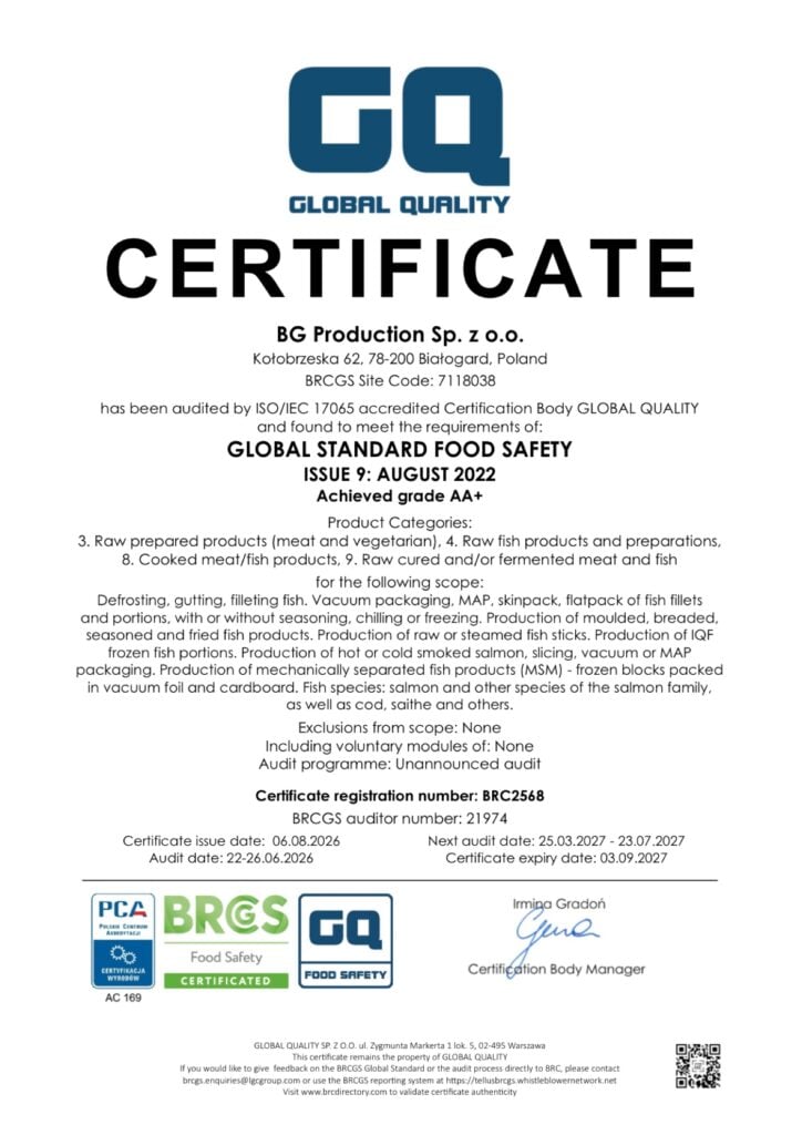 BG Production BRC Global Standard for Food Safety certificate