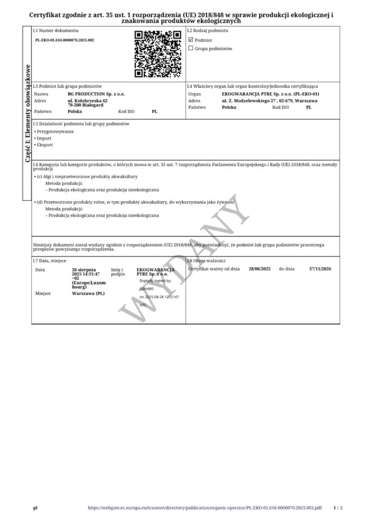 BG Production EU organic certificate