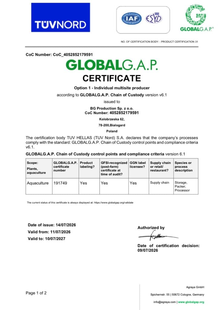 BG Production GLOBALG.A.P. Chain of Custody certificate