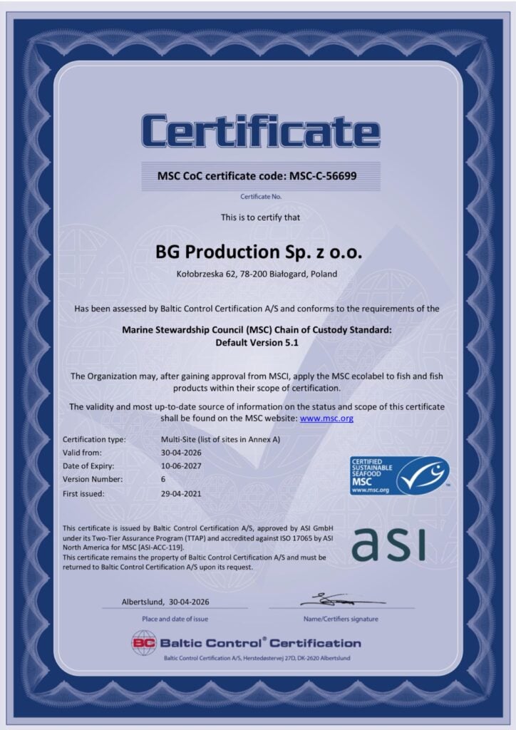 BG Production Marine Stewardship Council certificate